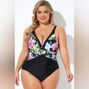 NEW NWT MeetCurve Elegant Floral Print V Neckline One Piece Swimsuit Sz 4XL (24)